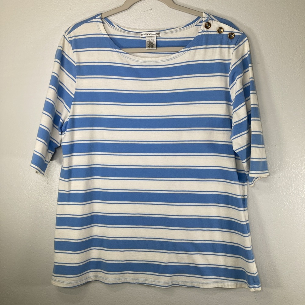 Rebecca Malone Women's Top XL Blue White Striped Jersey Gold Buttons 3/4 Sleeve